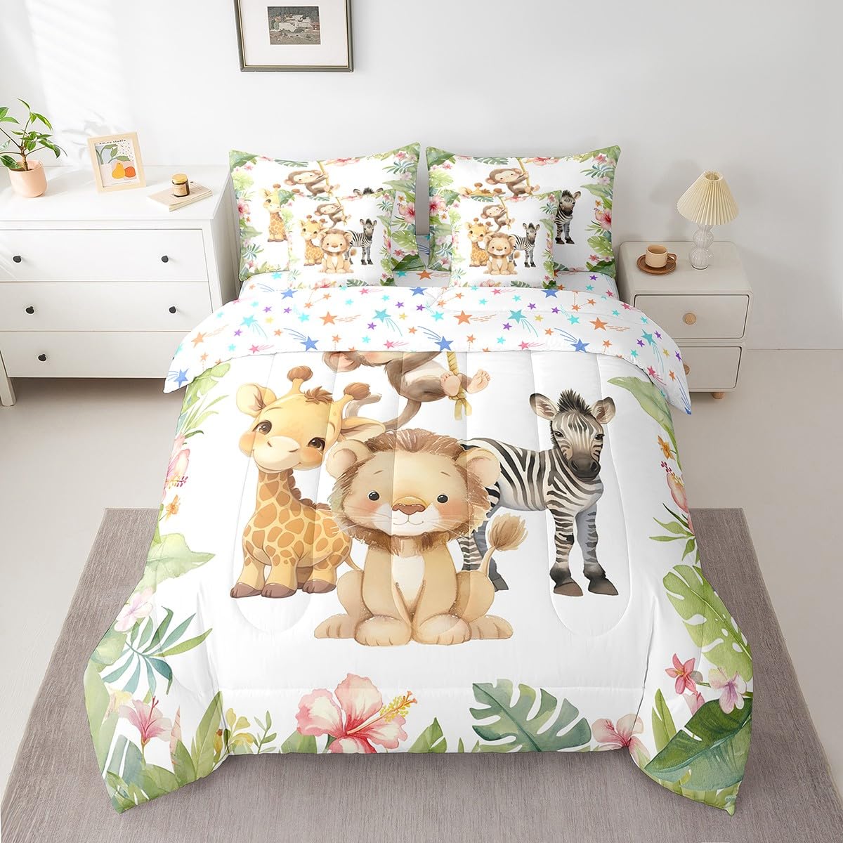 Erosebridal Lovely Cartoon Animal Twin Size Comforter Set with Sheets Teens - Cute Giraffe Lion 7-Piece Bedding Set Palm Leaves Pink Flowers Bed in a Bag Nursery Jungle Zebra Monkey Bed Quilt Sets