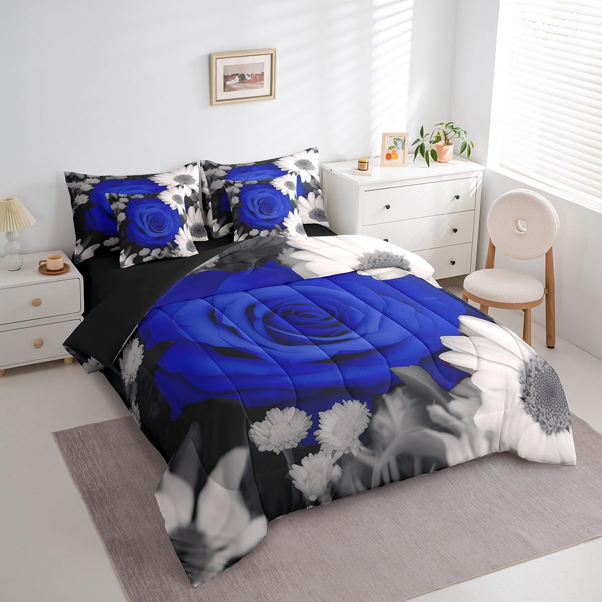 Erosebridal 7 Pcs Comforter Set Full Size,Blue Rose Daisy Floral Bed in a Bag with Flat Sheet and Fitted Sheet,Garden Farmhouse Style Bed Set,Valentine 3D Flower Bedding Set with Pillowcase & Sham