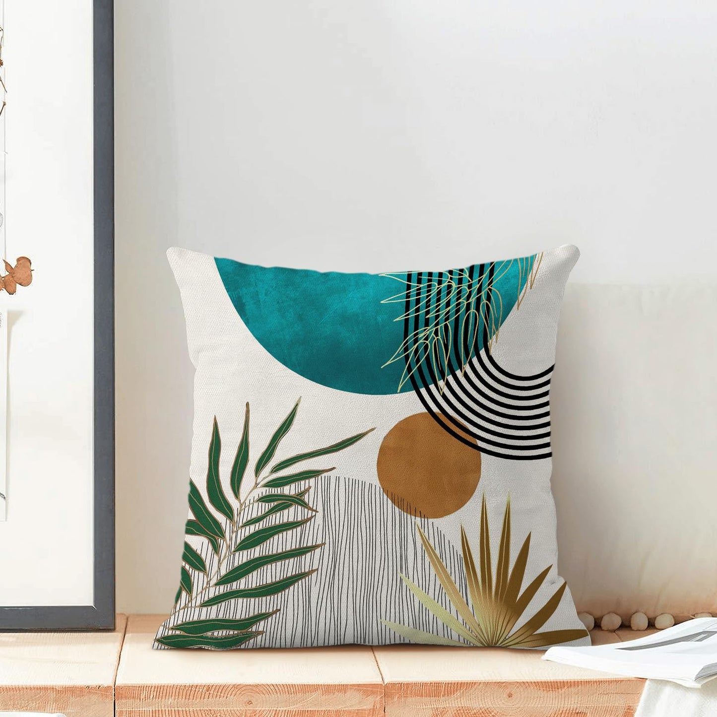 Boho Pillow Covers 20x20 Inch 2 Pcs,Aqua Teal Green Gold Tropical Leaf Summer Outdoor Decorative Throw Pillows,Mid Century Abstract Farmhouse Decor Pillowcase Linen Cushion Cover for Couch Sofa