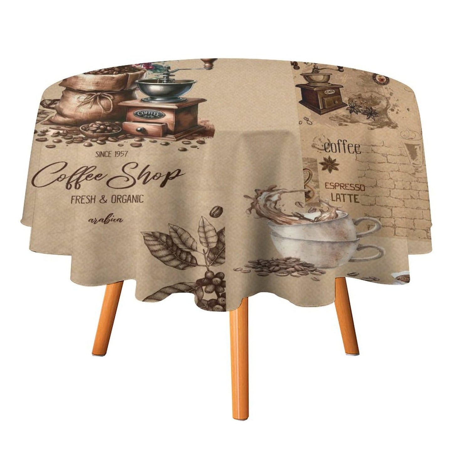 GoDazzling Coffee Modern Kitchen Round Tablecloth, Retro Country Brown Coffee Latte Bean Pattern Print Tablecloth for Home Party Dining Room Kitchen Decor 36Inch(90cm)