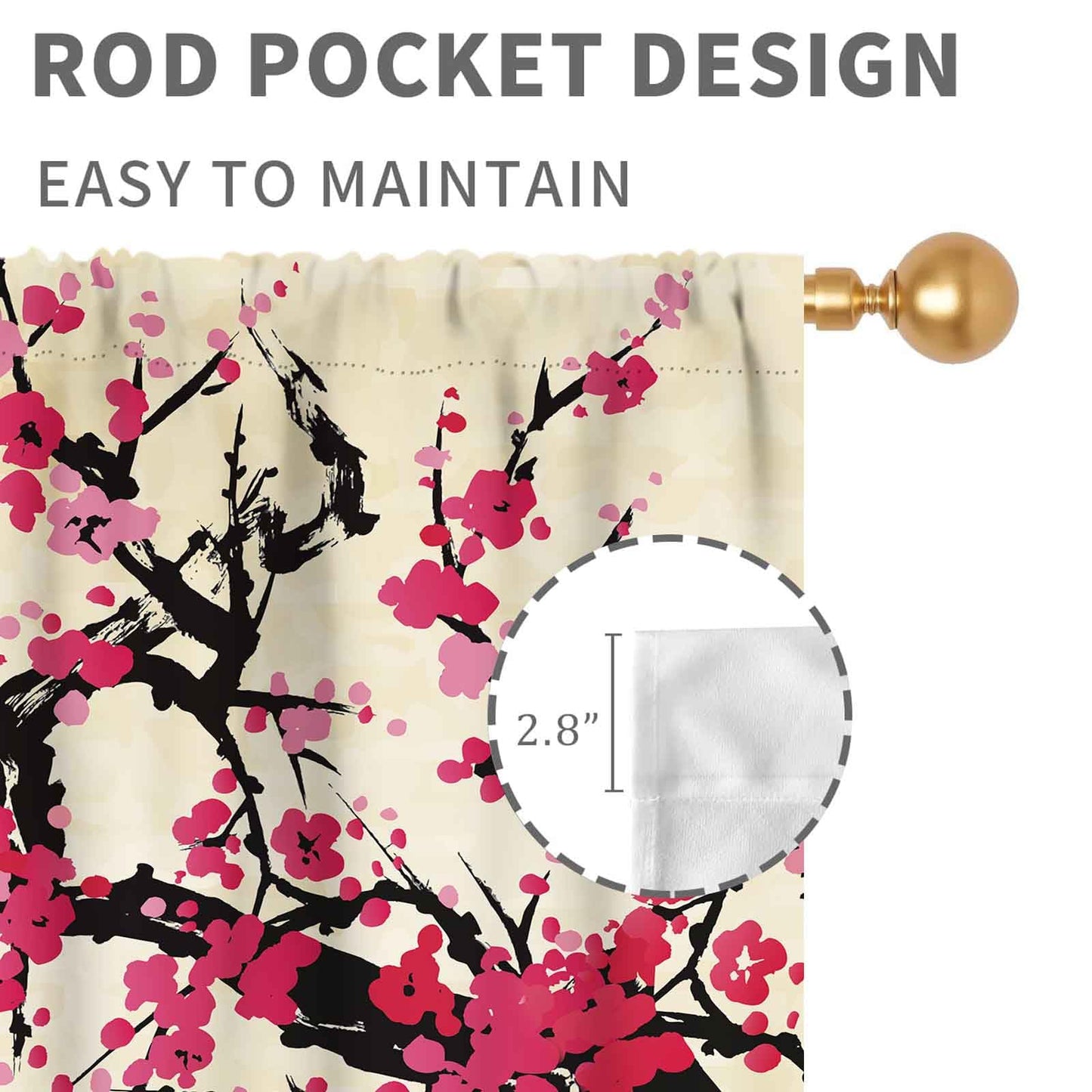 TKUYO Japanese Curtains, Pink Plum Blossom Cherry Floral Branch Asian Style Ink Painting Landscape Crane Birds Printed Window Drapery Treatments for Bedroom Living Room Kitchen 2 Panels, 42"x45" Inch