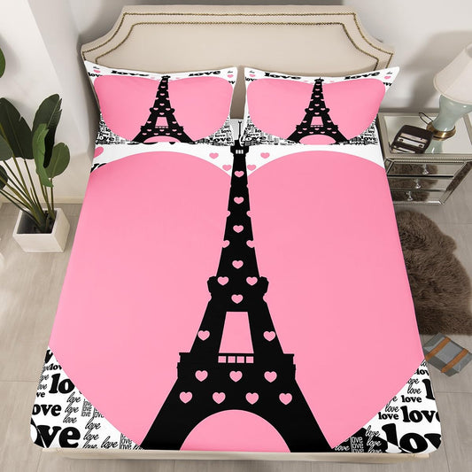 Eiffel Tower Fitted Sheet Full 3 Pcs,French Streets Graffiti Style Sheets Sets Breathable Bedding(No Top Sheet),Romantic Pink Hearts Bed Sheet with Deep Pocket,Modern Fashion Bed Cover