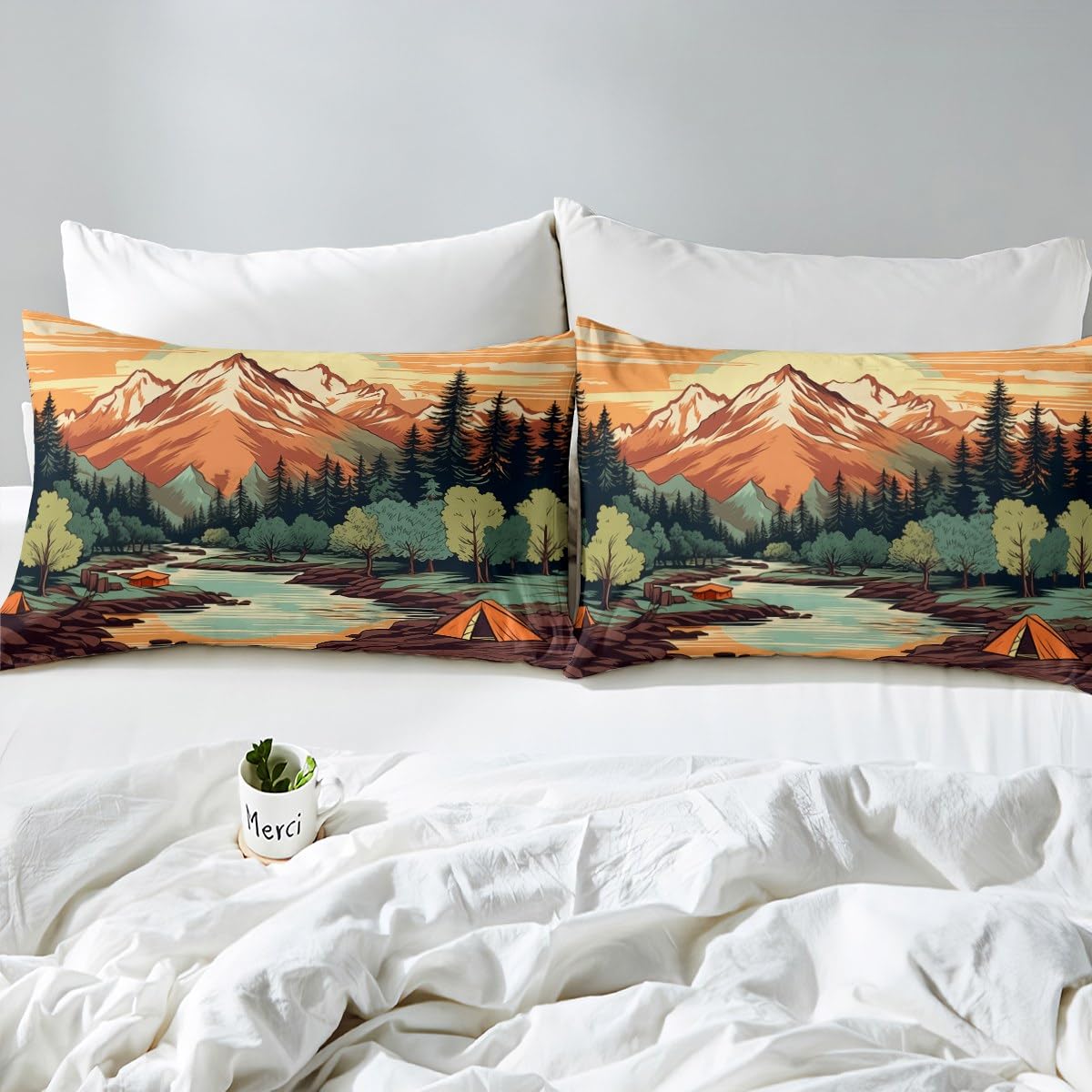 Mountain River Fitted Sheet Twin Size,Retro Adventure Theme Sheet Set 2Pcs,Nature Scenery Tent Printed Bedding Set for Kids Boys Girls Room Decor,Camping Style Luxury Bed Sheet,1 Pillowcase