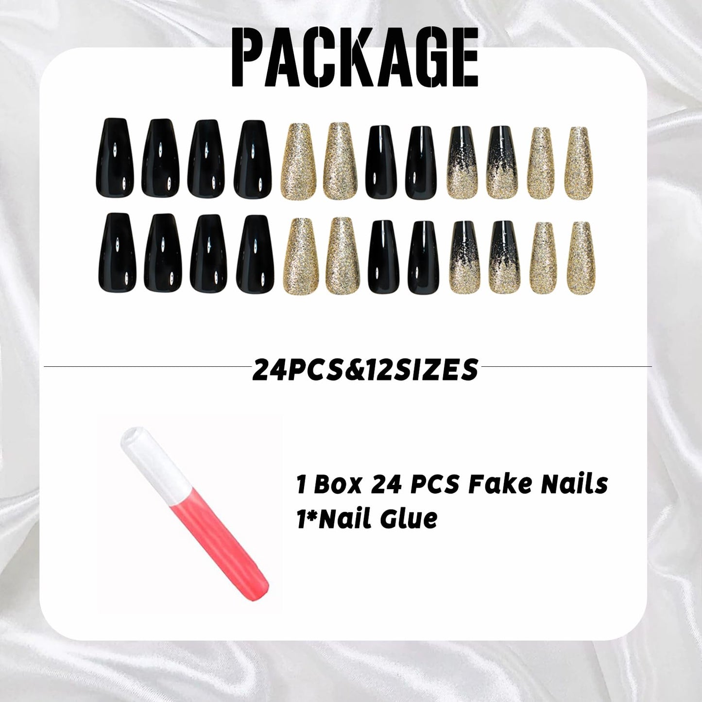 IMSOHOT Golden Glitter Press on Nails Long Coffin Fake Nails Black Glossy Glue on Nails Full Cover Acrylic False Nails with Sparkly Gradient Designs 24Pcs