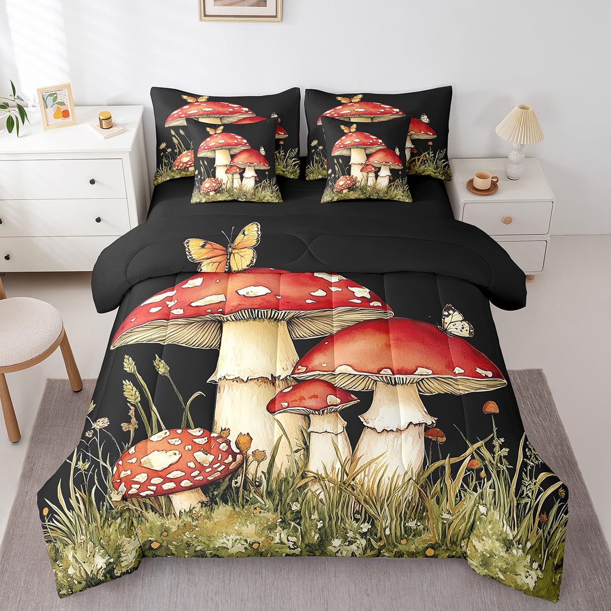 Erosebridal Mushroom Comforter Set King Size,Flying Butterflies Bedding Set for Kids Teens,Cute Red Fungus (Comforter+Fitted+Flat Sheet+2 Pillowcases+2 Throw Pillow Covers) 7 Pieces Bed Set