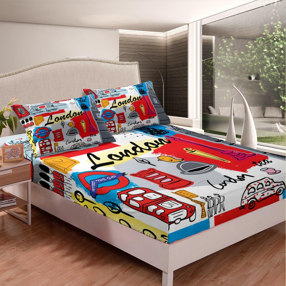 London Themed Fitted Sheet Red Retro Telephone Booth Bed Sheet Set for Kids Children Historical European Scenery Bedding Set Famous City Scene Bed Cover Twin Size with 1 Pillow Case