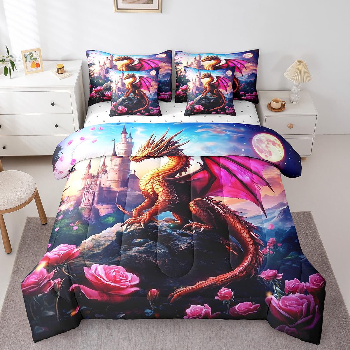 7 Pieces Rose Castle Dragon Comforter Set Queen,Blossom Flower Animal Bed Set for Kids Boys Girls,Fantasy Wildlife Bedding(1 Comforter,1 Fitted Sheet,1 Flat Sheet,2 Pillowcases,2 Throw Pillow Cover)