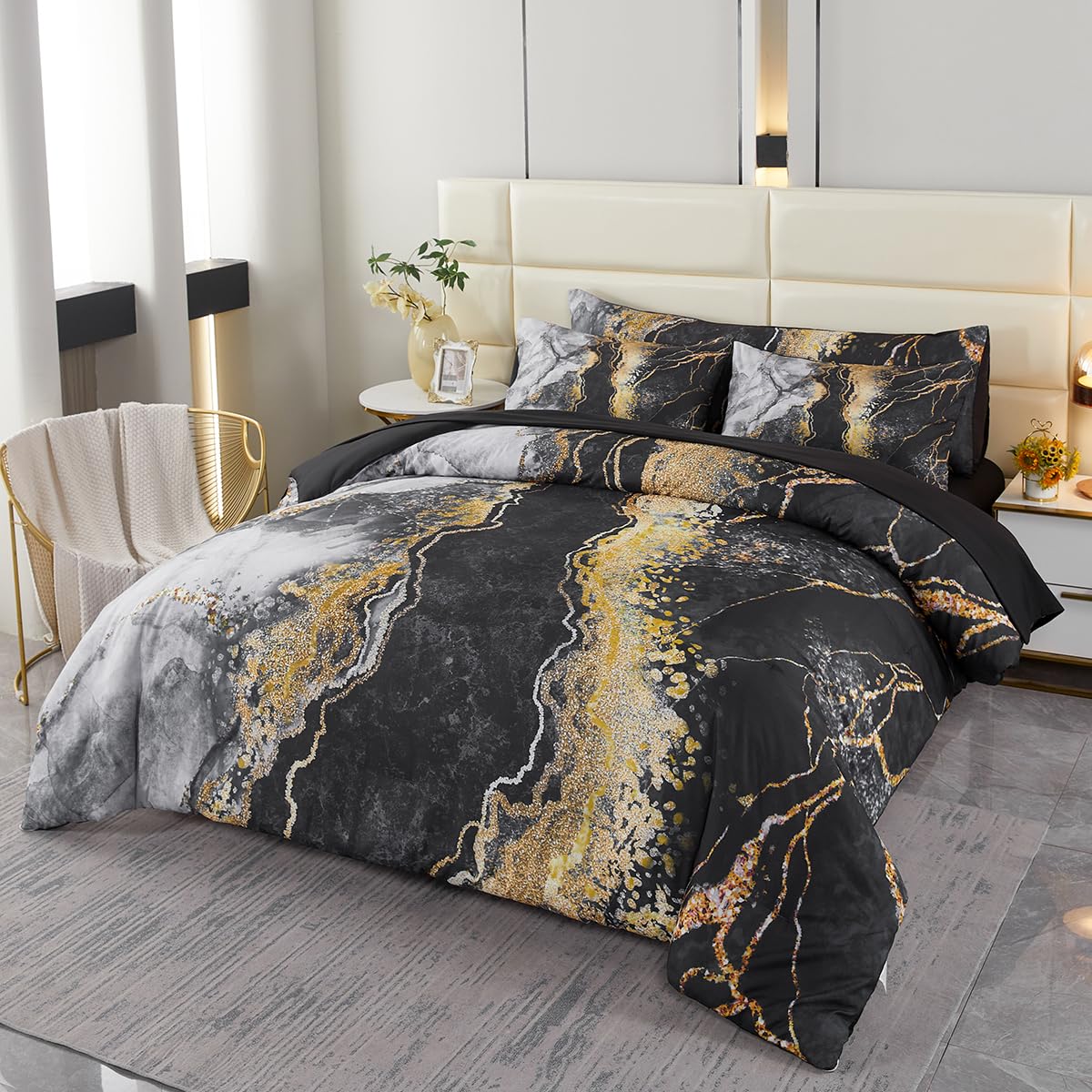 PERFEMET 6 PCS Bed in a Bag Black Watercolor Marble Printed Comforter Set for Queen Bed Burning Mountain Pattern Bedding Set with Sheets Retro Artwork Design Quilt Sets(Black, Queen)
