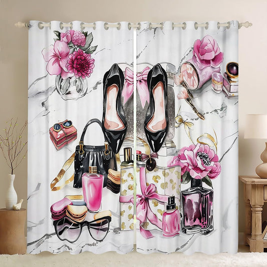 Erosebridal Pink Blackout Curtains Cute Flower Girly Window Curtains 42"x63" Bow Coquette Sweet Window Treatments Modern Magazine Silver High Heel Girls Women Makeup Romantic Fantasy Room Decor