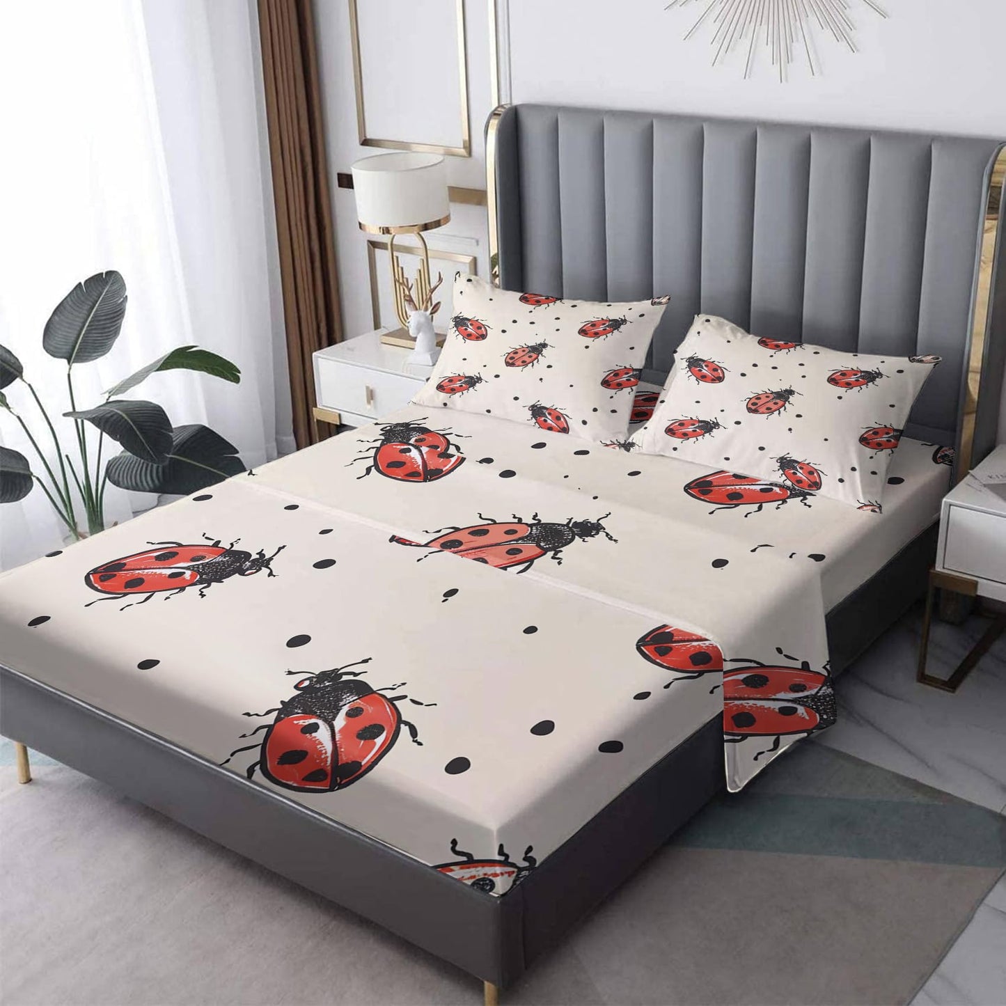 Rejkxyw King Size Sheets Set Ladybug - Insect Bed Sheets - Ladybugs Sheet Set - 12 Inch Deep Pocket - Ultra Soft Winkle Free Microfiber Bedding Sheets & Pillowcases 4 Piece