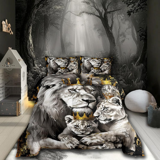 Manfei Lion Family Kids Comforter Set Twin Size,Gold King and Queen Crown Bedding Set,Boys Men Room Decor,Tropical Wild African Animal Hunting Adventure Down Comforter,Grey Duvet Insert,1 Pillowcase