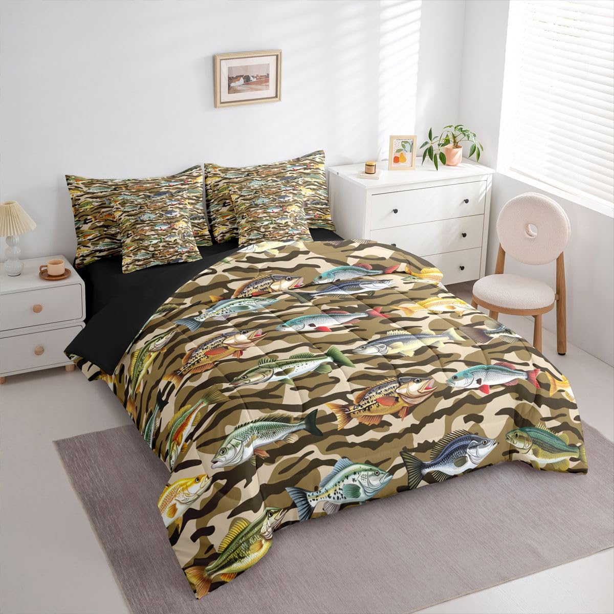 Kids Camo Pike Fish 7-Piece Bed in a Bag Full for Boy Teens Adults | Camo Hunting and Fishing Bedding Set Rural Camouflage Hunting Comforter Set with Sheets Rustic Cabin Country Farmhouse Duvet Insert