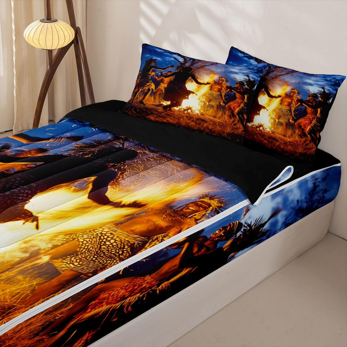 Erosebridal Black Men Zippered Comforter Set African Zipper Bedding Set Twin Size Boho Aztec Bed in a Bag Tribal Exotic Comforter with Sheets