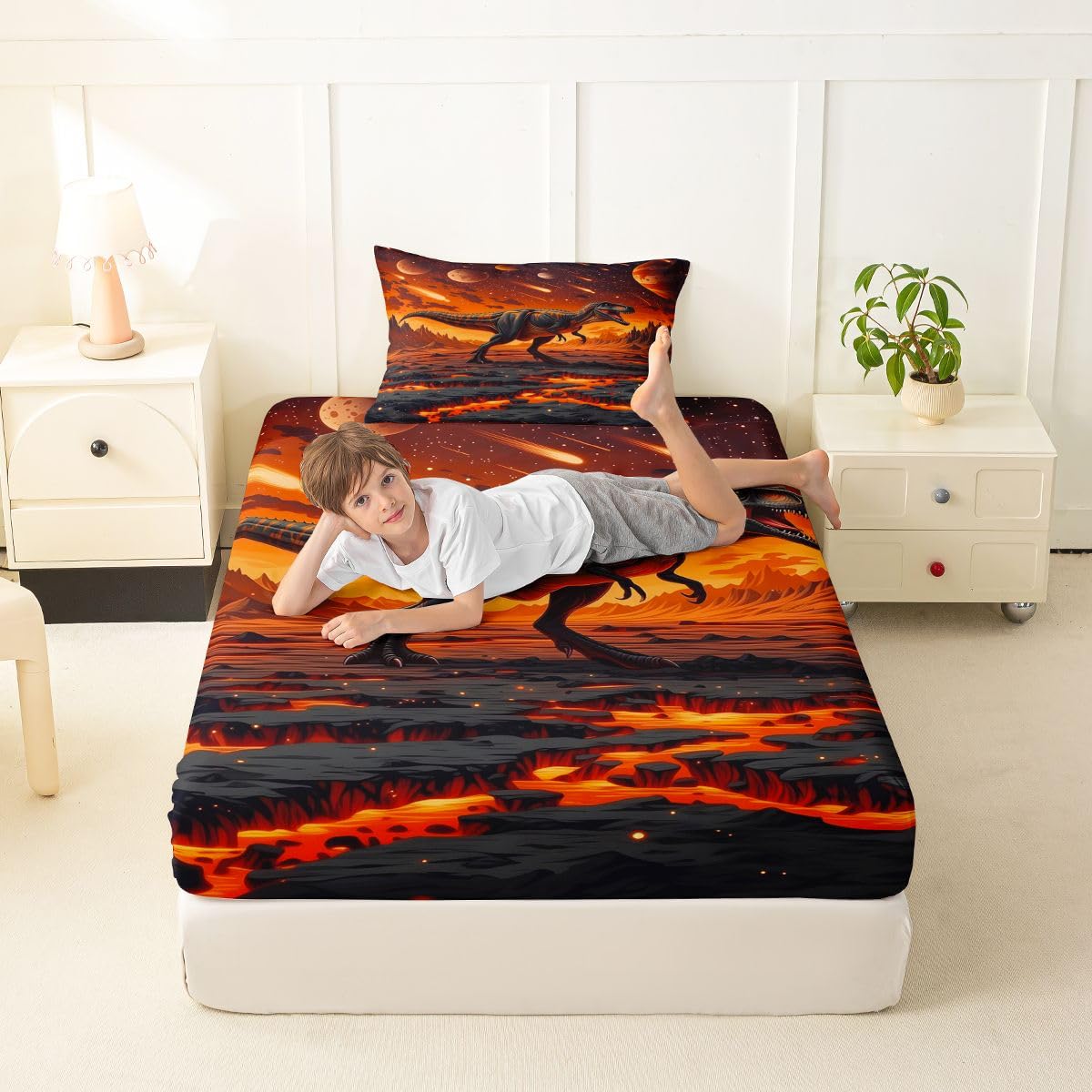 Feelyou Dinosaur Bed Sheets Sets Twin Size Kids Boys Girls 3D Digital Print Bedding Set Jungle Dino Bed Sheet Set with 16-Inch Deep Pockets Wild Animal 3Pcs with 1 Pillow Cases Red Black