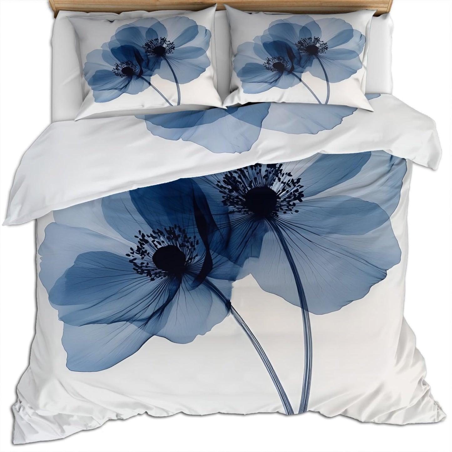 QINYUN Flower Duvet Cover King Size, Elegant Blue Flowers Bedding Set 3 Piece Bedroom Decor Modern Comforter Cover with Zipper Ties & 2 Pillowcases