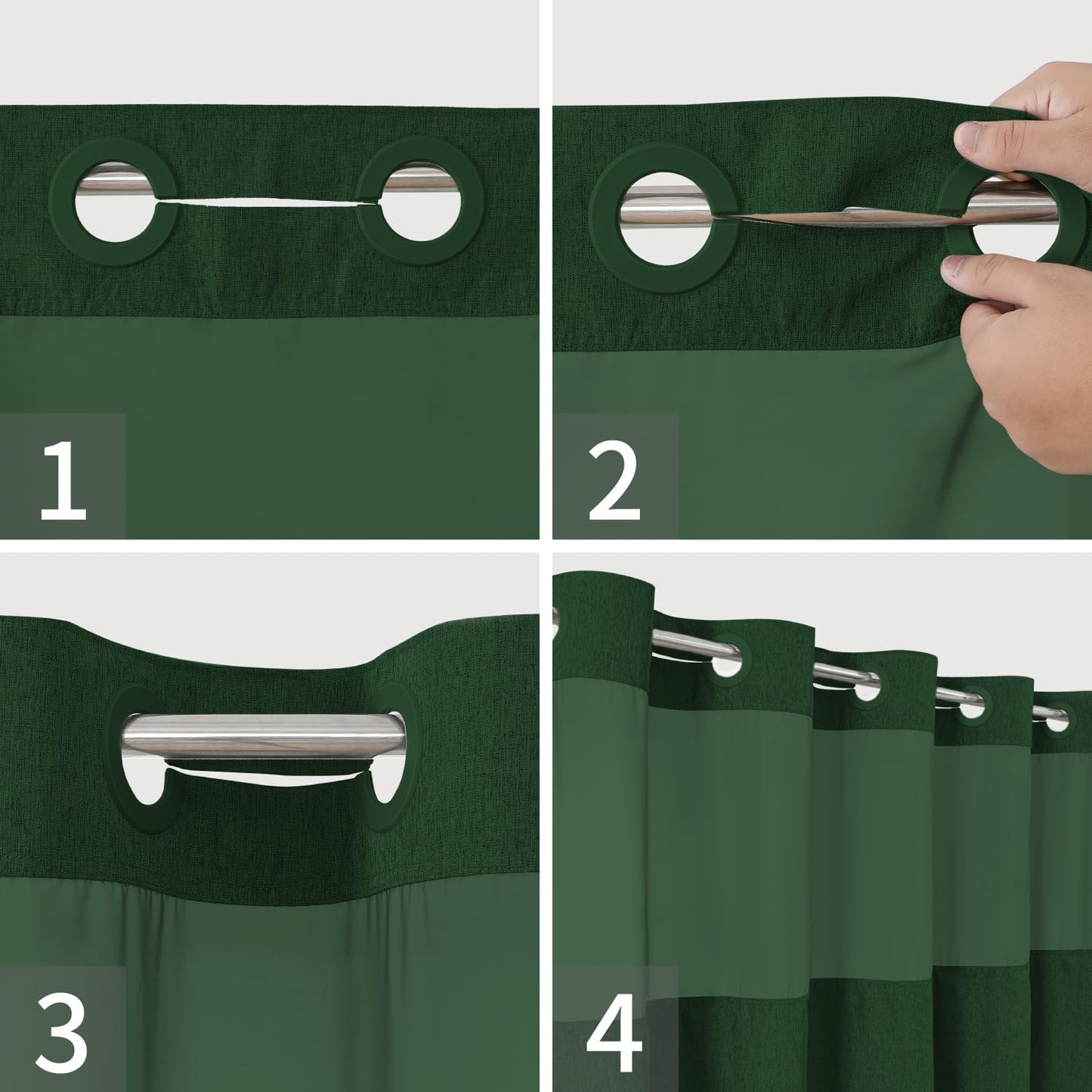 eachope No Hooks Needed Linen Textured Shower Curtain with Snap-in Fabric Liner Set,Hotel Luxury Decor Shower Curtains for Bathroom with Mesh Top Window,Waterproof & Washable,71Wx74H,Emerald Green