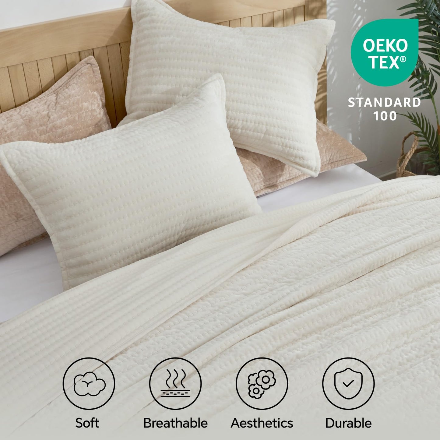 BEDELITE Velvet Quilt Set King Size - Luxury Soft Velvet Comforter Bedding Set for All Season, Lightweight Quilted Channel Stitch Oversized Bedspread Coverlet with 2 Matching Shams, Ivory White