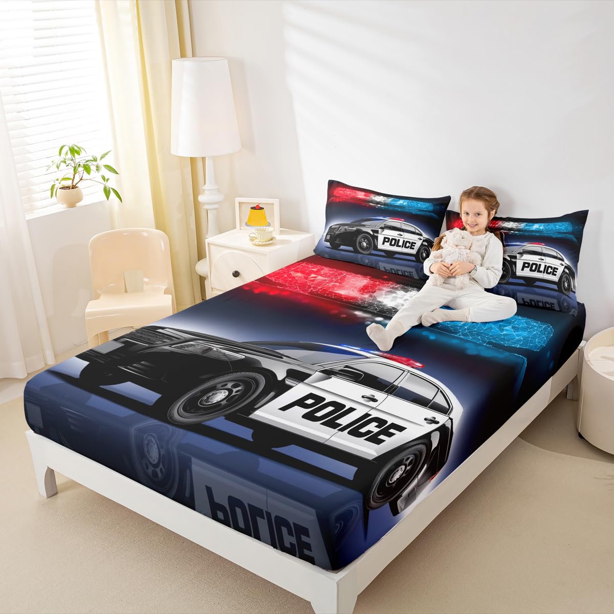 Erosebridal Boys Police Car Bed Sheet Set King Size Kids Children Policeman Vehicle Bedding Sets Red Blue Cop Lights Sheet Set Geometric Graphic Deep Pocket Fitted Sheet+ Flat Sheet + 1 Pillow Case