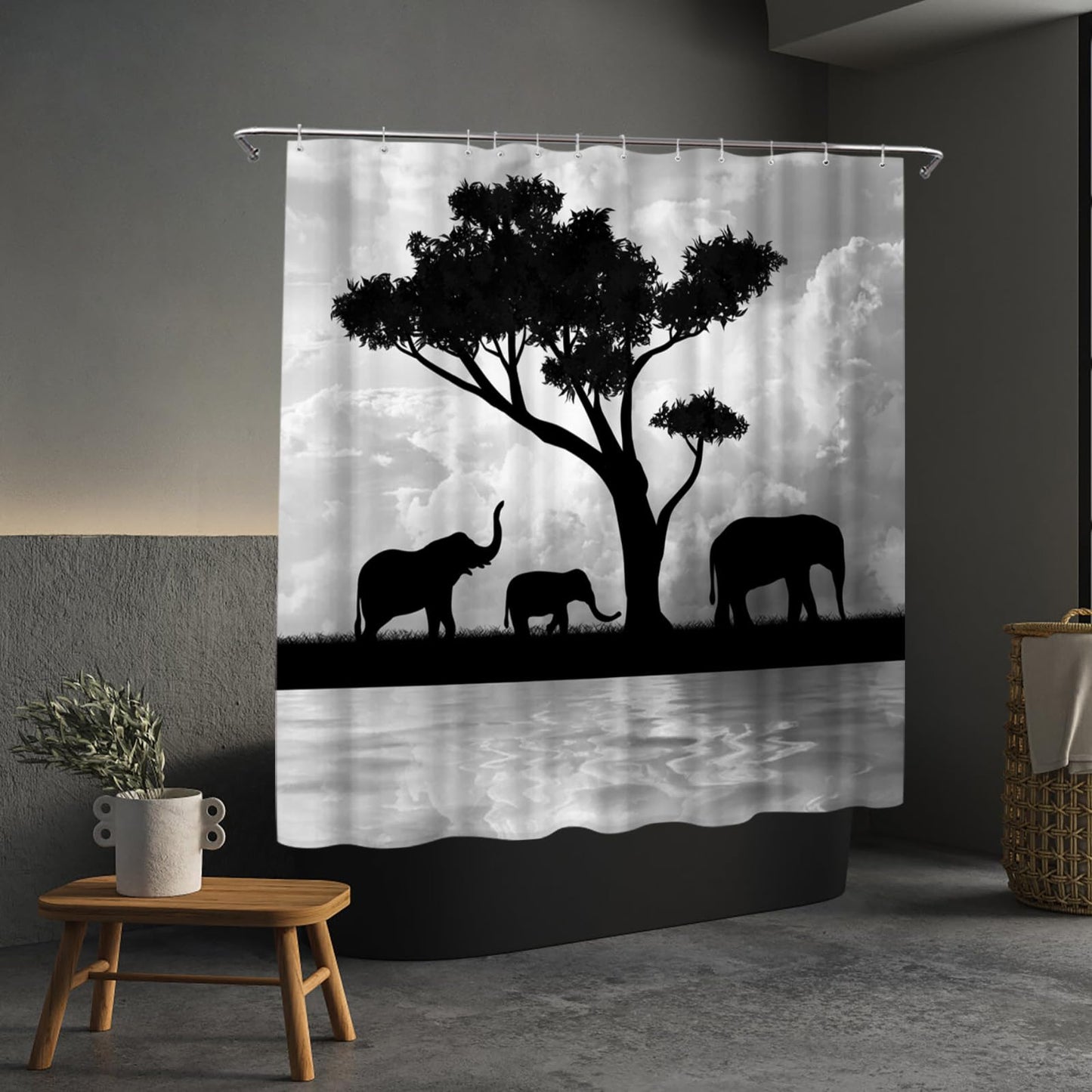 RyounoArt Elephant Shower Curtain Black and White Abstract African Elephant Family Bath Curtain Safari Bathroom Decor Fabric Cloth 72"x72"with 12 Hooks