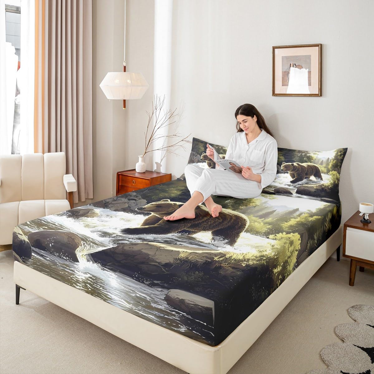 jejeloiu Bear Fitted Sheet with 1 Pillowcase Twin Size Black Bears Bed Sheets Set 16" Deep Pocket Boys Girls Cabin Bedding Countryside Teens Bedroom Decor Breathable Soft Lightweight Microfiber