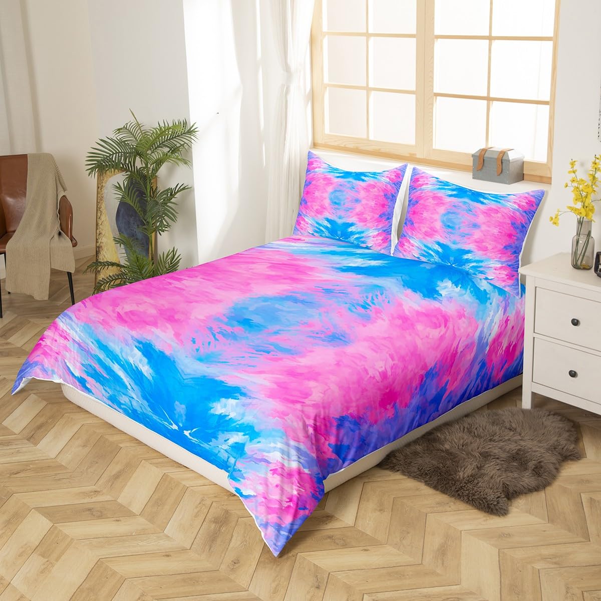 Feelyou Girls Tie Dye Bedding Set Girly Boho Hippie Tie Dye Duvet Cover for Teens Women Pink Purple Bohemian Gypsy Comforter Cover Chic Design Bedspread Cover Bedroom Decor Quilt Cover 3Pcs Queen Size