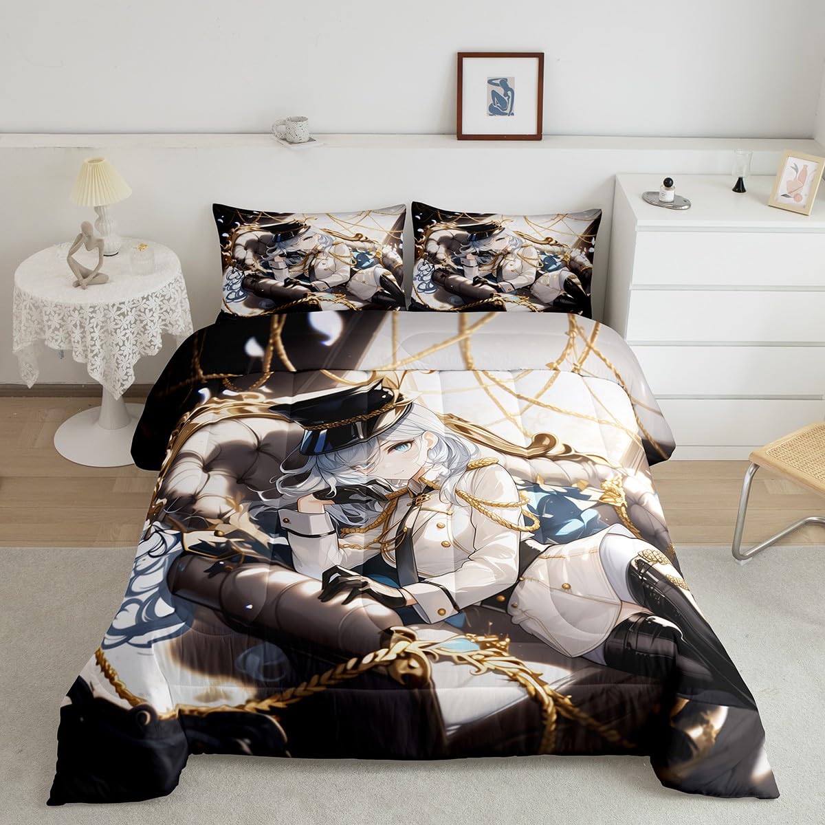 Erosebridal Anime Girl Full Bedding Set for Kids, Kawaii Japanese Anime Comforter Set Cartoon Girl Duvet Insert for Girls Boys Teens Men Japanese Animation Down Comforter, 2 Pillow Cases