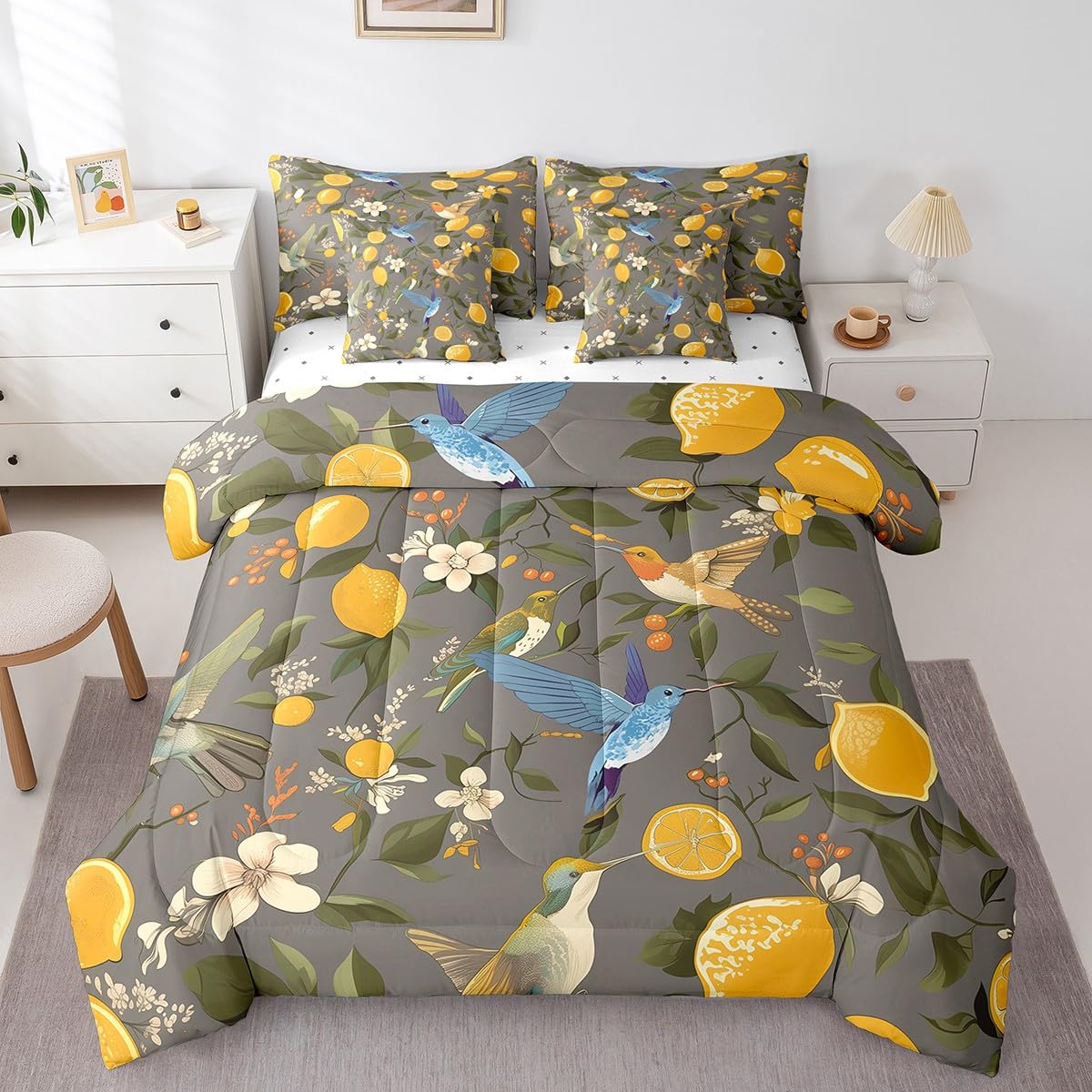 Erosebridal Lemon Trees Bedding Set for Kids Teens,Hummingbirds Comforter Set King Size,Oil Painting Lemon Fruit (Comforter+Fitted+Flat Sheet+2 Pillowcases+2 Throw Pillow Covers) 7 Pieces Bed Set
