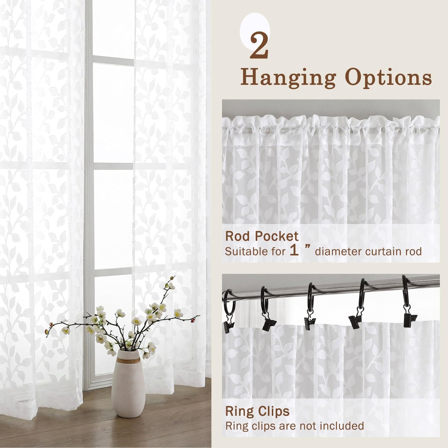 Chyhomenyc White Sheer Curtains 84 Inch Length 2 Panels Set, Light Filtering Tufted Textured Soft Airy Rod Pocket Gentle Leaf Window Treatment Drapes for Bedroom Living Room, 42" Wx84 L, 2PCS