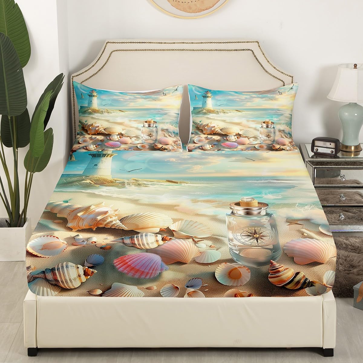 jejeloiu Beach Theme Fitted Sheet Full Size Kids Summer Ocean Wave Lighthouse Bed Sheets Set for Boys Girls Teens Sea Marine Coastal Starfish Seashell Conch Bedding Set Room Decor