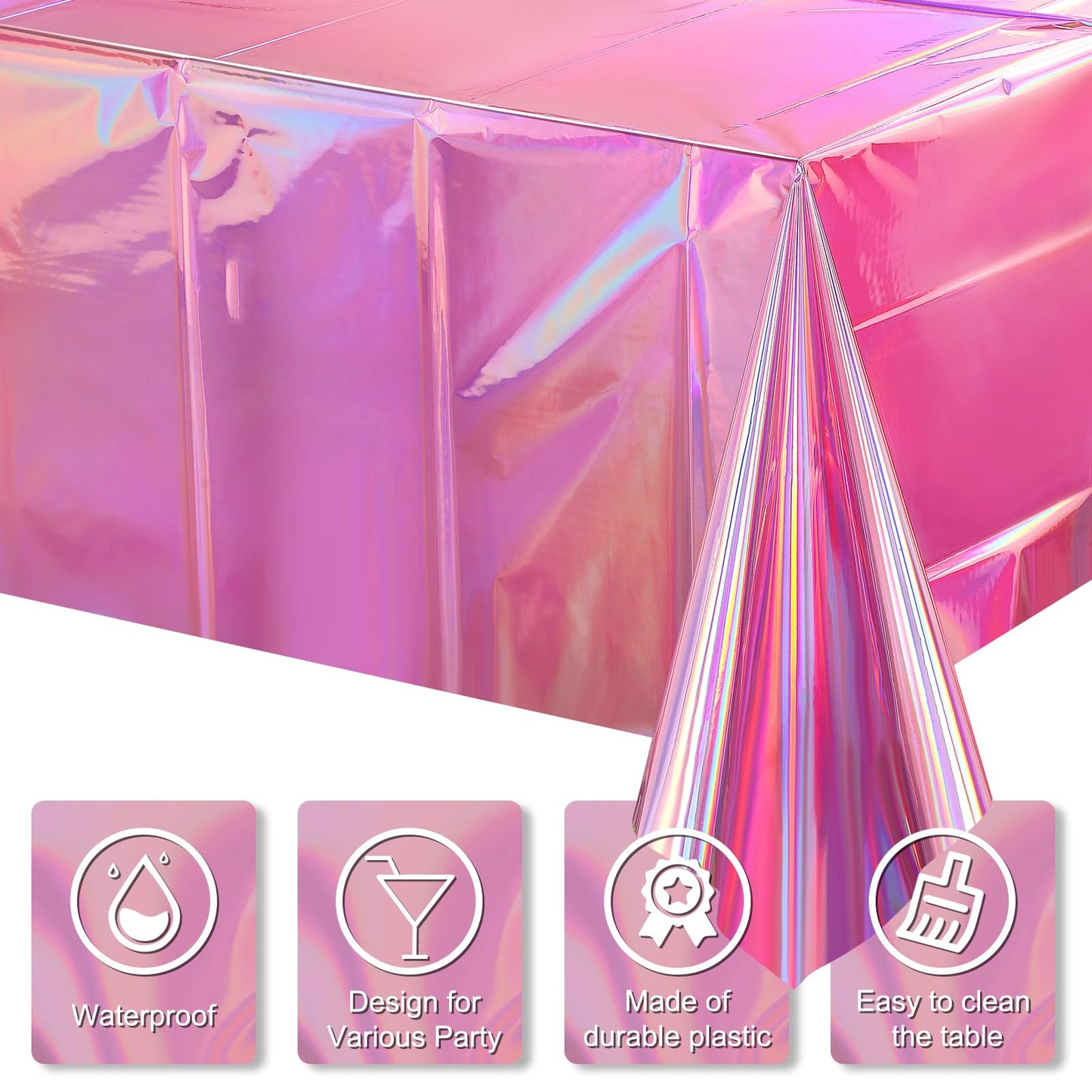 4 Pack Iridescent Pink Plastic Tablecloths, FunnyPars Shiny Disposable Laser Rectangle Table Covers, Holographic Foil Tablecloth Iridescent Party Decorations for Kpop Birthday Wedding Xmas, 54x108Inch