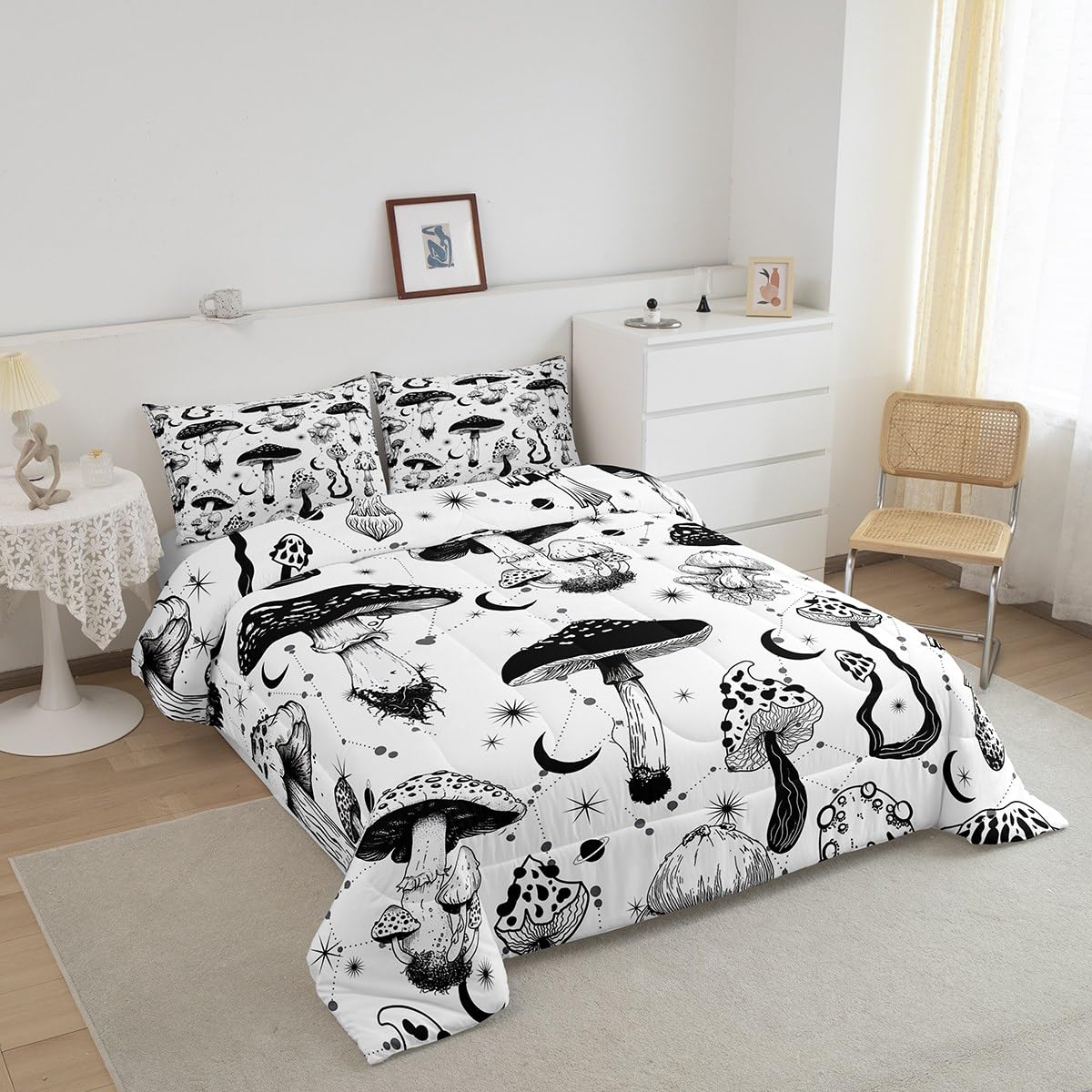 Castle Fairy Wild Mushroom Comforter Set Full Size,Abstract Sun Moon Starry Bedding Set Gothic Plants Quilt Set for Kids Boys Teens Room Decor,Black White Sketch Style Duvet Insert with 2 Pillowcases