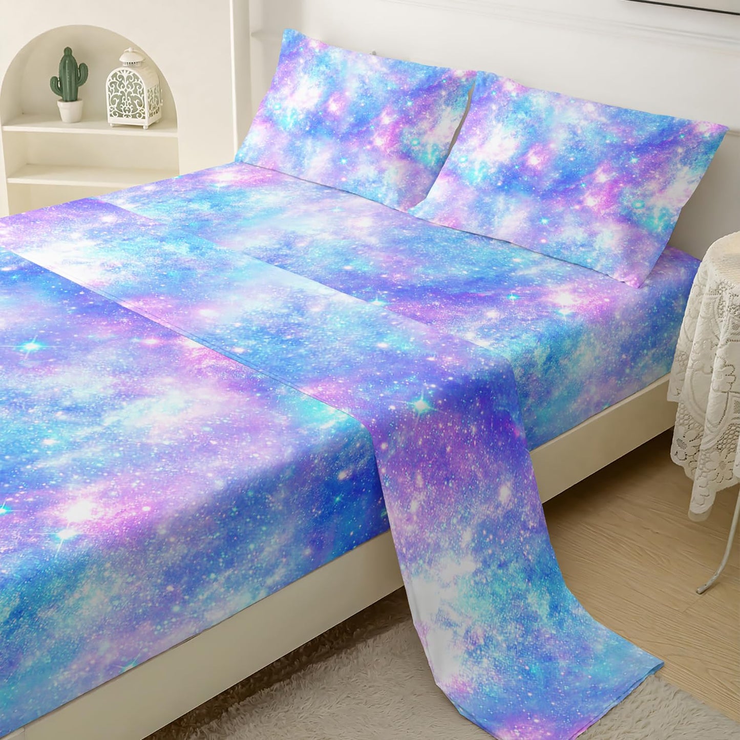 QOOMO Starry Sky Sparkles Bedding for Boys and Girls Tie Dye Print Silky Soft Microfiber Bed Sheets Blue Shining Star Super Soft Queen Size 1 Fitted Sheet, 1 Flat Sheet, 2 Pillow Cases