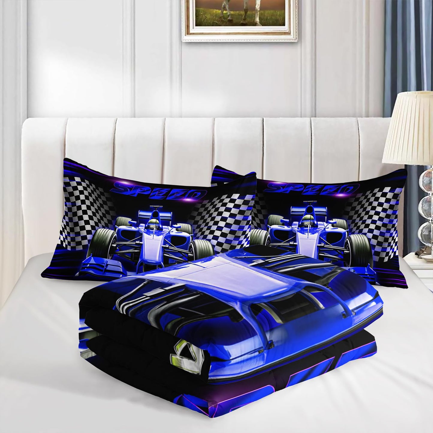 UEVBF Blue Race Car Bedding Set Twin Size,Black White Checkered Racing Flag Comforter Set,Race Car Room Decor for Kids Boys,Cool Sports Themed Bedding Sets with 2 Pillowcases.