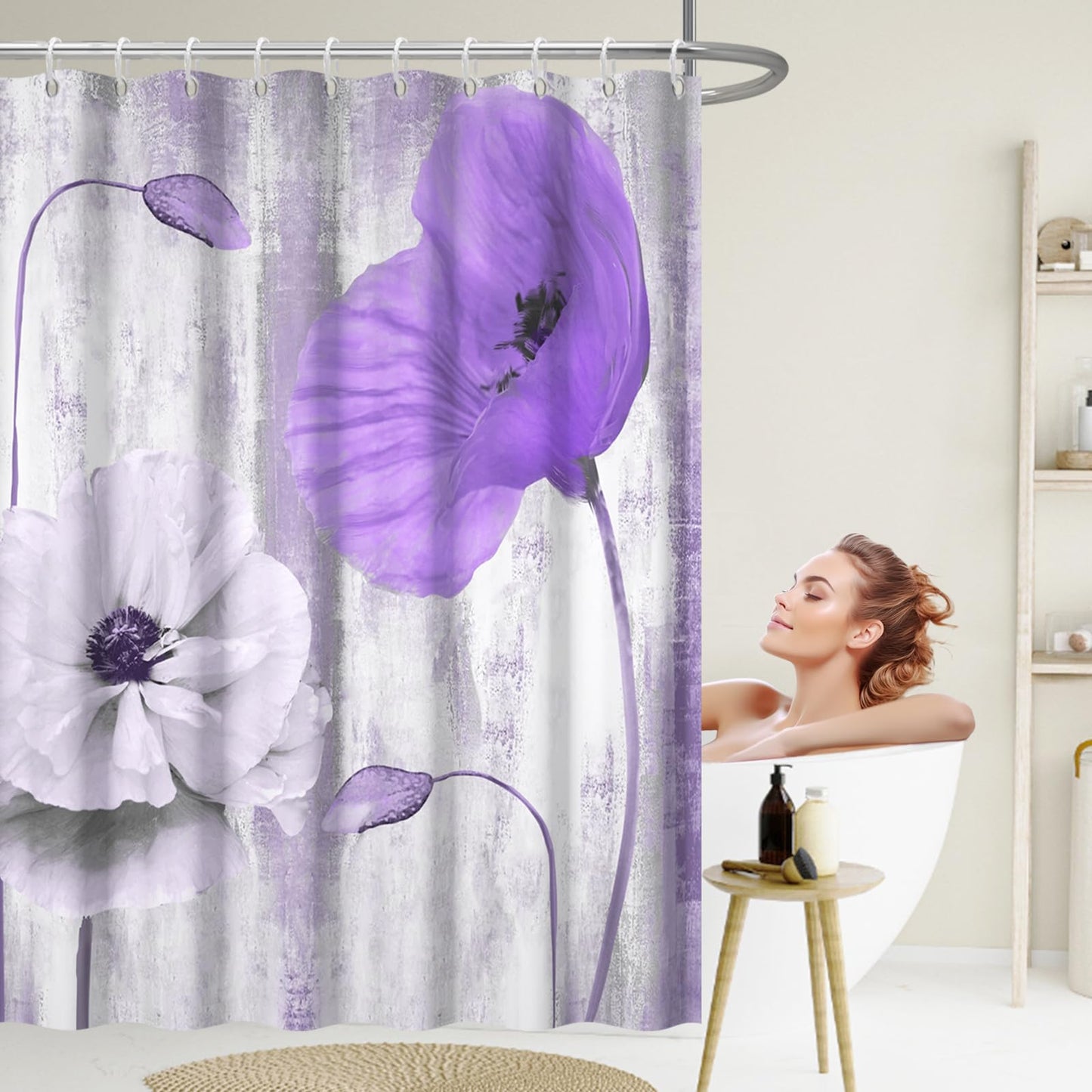 GICDSU Purple Floral Shower Curtain, Boho Farmhouse Flower Shower Curtains for Bathroom, Watercolor Turquoise Poppy Shower Curtains, Washable Fabric Bathroom Curtains with Hooks, 72x72 Inches