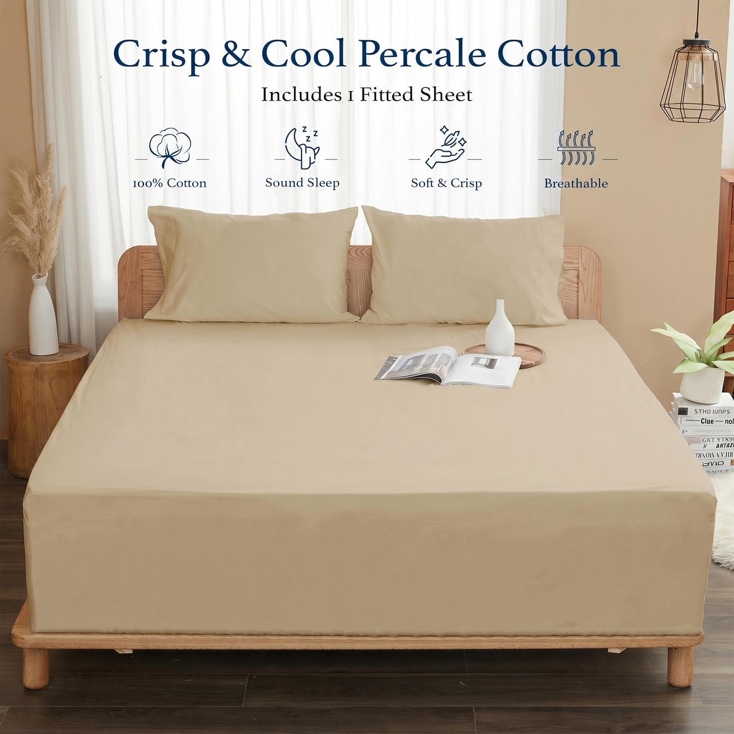 HOMTEC 100% Cotton Percale Fitted Sheet California King Size, 8-15" Deep Pocket Cooling Bottom Sheet, Breathable Soft & Crisp Fitted Sheet Only with 4 Corner Straps (Cal King, Sandshell)