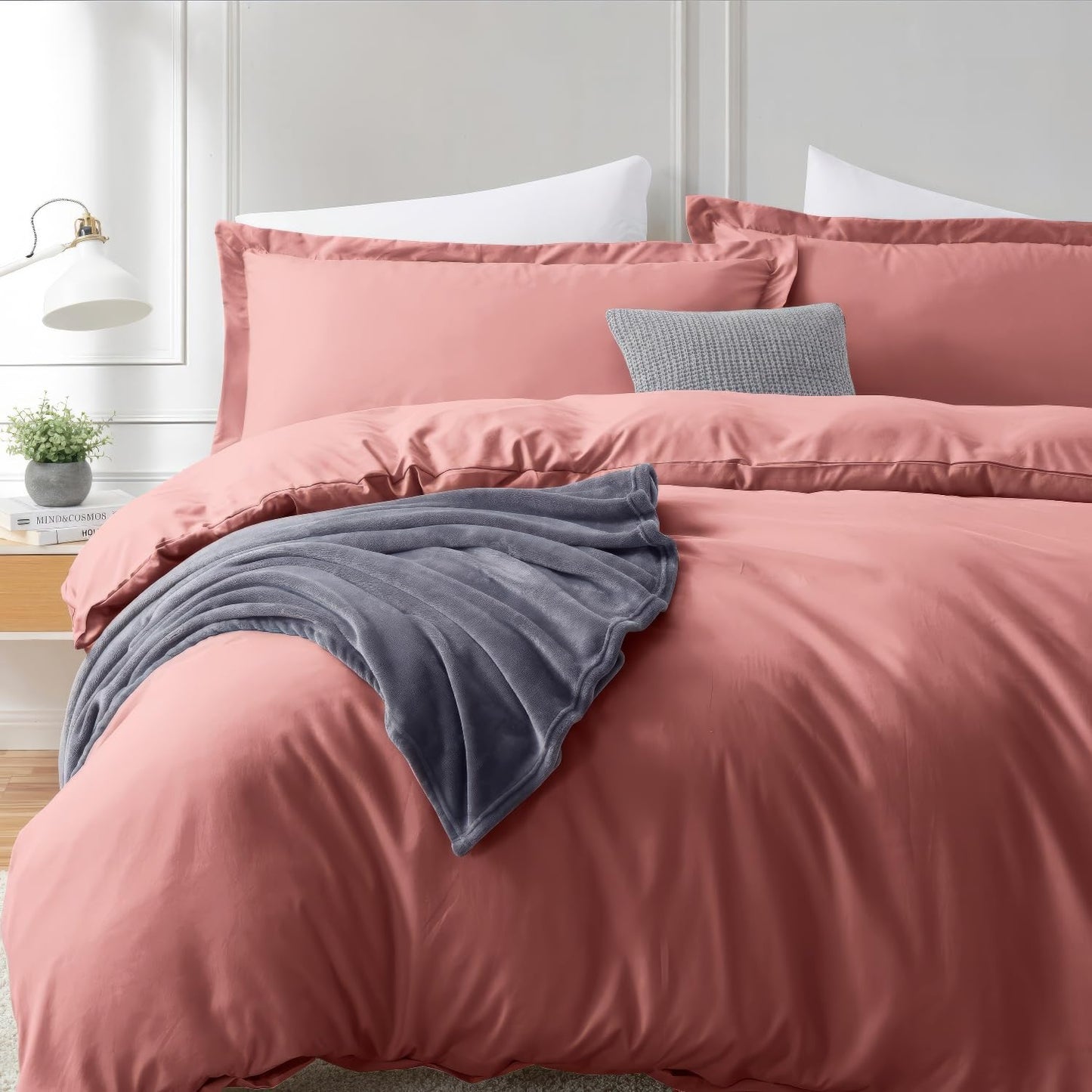 Hearth & Harbor Queen Size Duvet Cover & Bed Sheet Set Pink Clay, 7 Piece Soft Double Brushed Bedding Set, Includes Duvet Cover, Flat Sheet, Fitted Sheet, Pillowcases and Pillow Shams