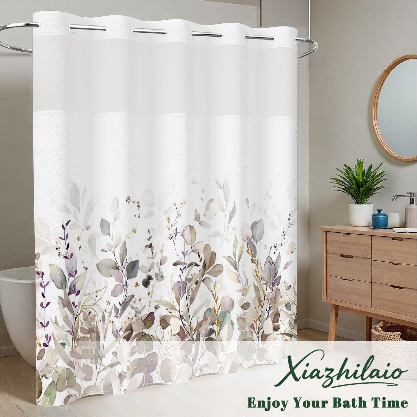Xiazhilaio Watercolor Botanical Leaf Shower Curtain with Snap in Liner - Waterproof Double Layer Bath Curtain with Mesh Top Window for Airflow, Boho Farmhouse Eucalyptus Bathroom Curtain, 71″W x 74″L