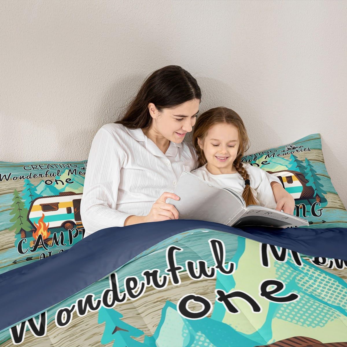 Erosebridal Rv Camper Comforter Set for Kids Boys Girls Happy Camping Life Bedding Farmhouse Wooden Style Duvet Set Travel Trailers Comforter King with 2 Pillowcases