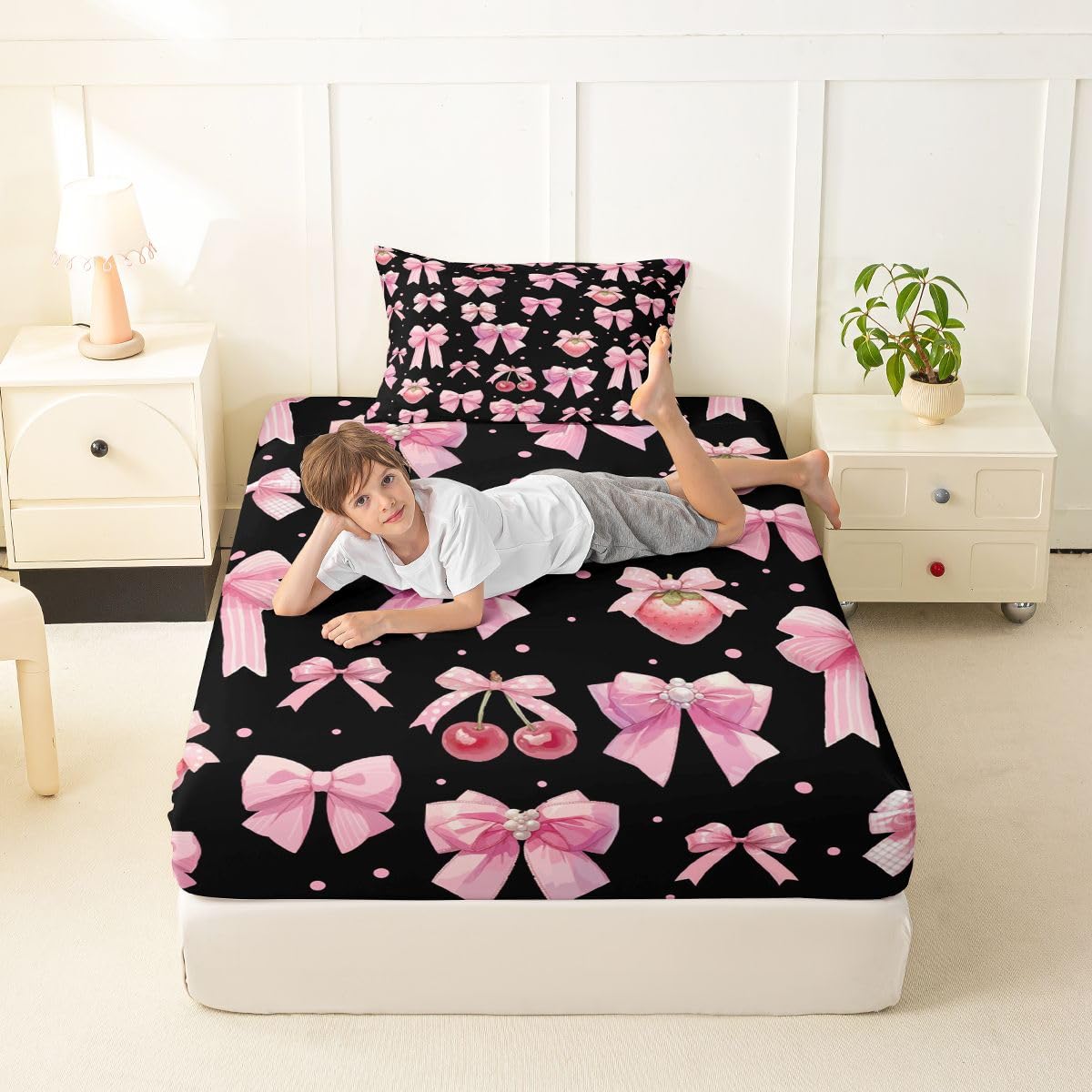 jejeloiu Black Pink Cute Strawberry Bow Fitted Sheet Twin Size for Kids Boys Girls Dreamy Princess Bowknot Bed Sheets Set 16" Deep Pocket Kawaii Coquette Bow Bedding with 1 Pillowcase Room Decor
