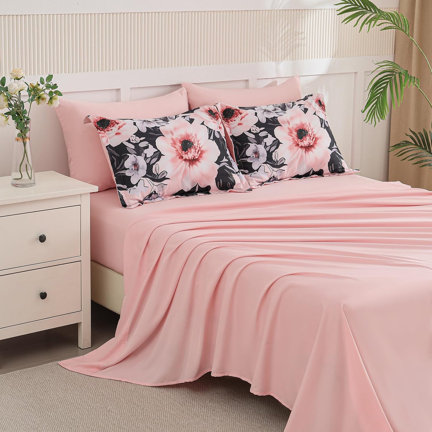 Yogeneg King Size Comforter Set 7 Piece Bed in a Bag,Pink Black Floral Botanical Pattern Blush Bedding Set,Soft Microfiber Comforter with Sheet Set,All Season Bed Set(Pink Black,King)