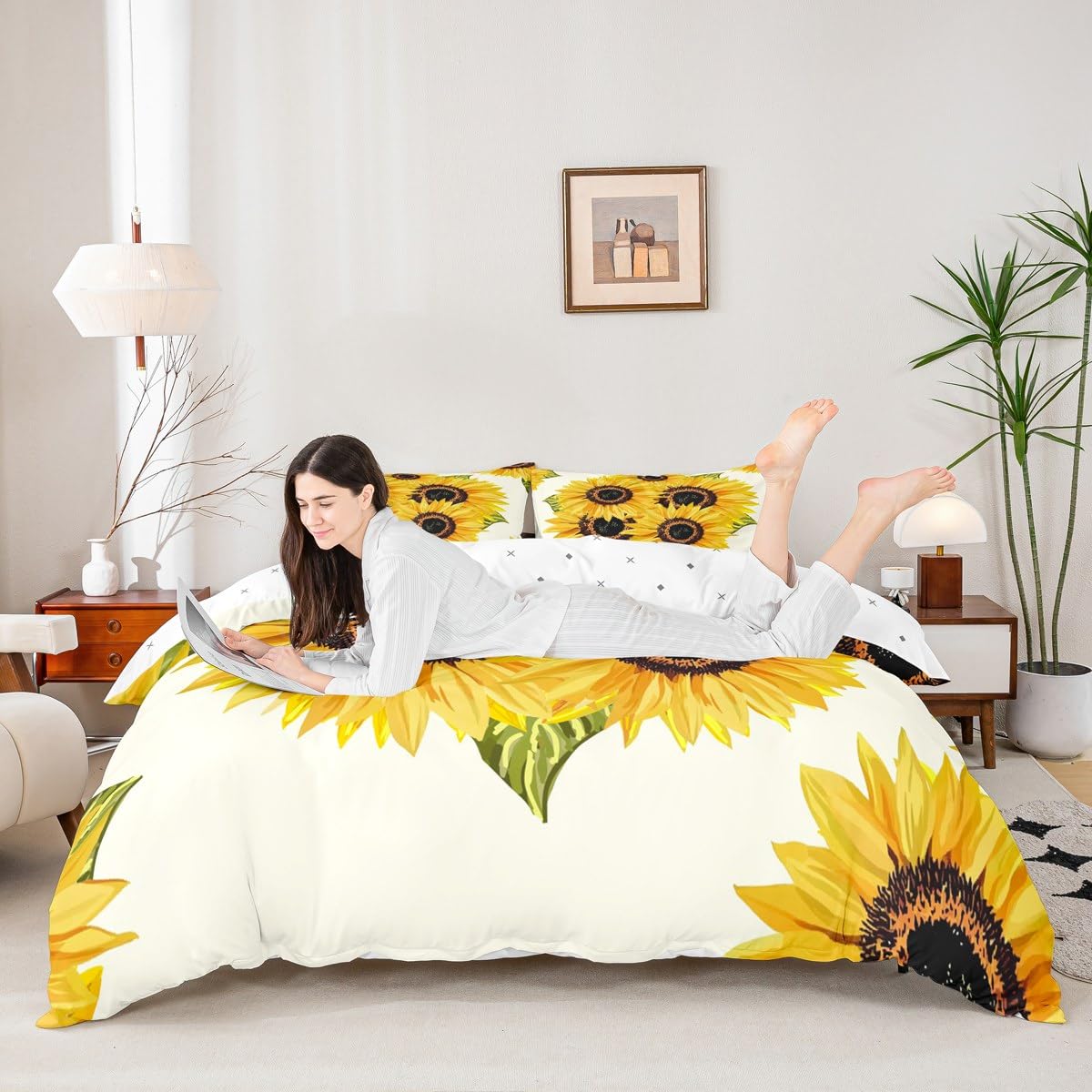 Homewish Sunflowers Bedding Set 3pcs Yellow Flowers Comforter Cover Yellow Sunflowers Printed Design Duvet Cover Set Botanical Bedspread Cover with 2 Pillow Cases(No Comforter) Queen Size