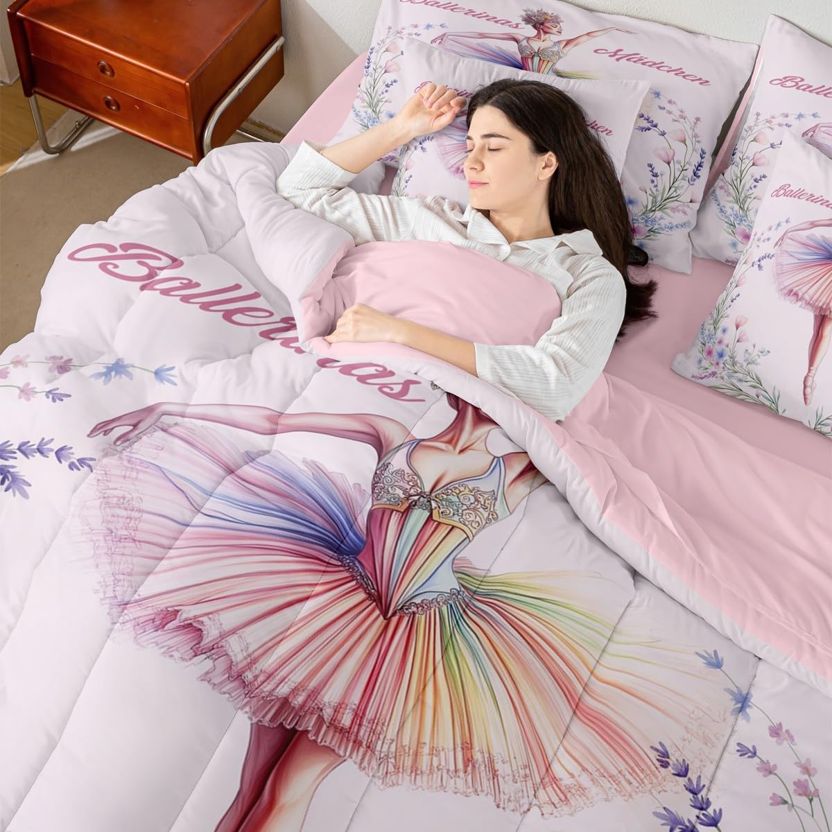 jejeloiu Love Gymnastics Bed Set Dancer 7 Pieces Bedding Set for Kids Groovy Flower Bed in a Bag with Comforter, Sheets, Pillowcases Ultra Soft Ballet All Season Breathable Lightweight Twin Size