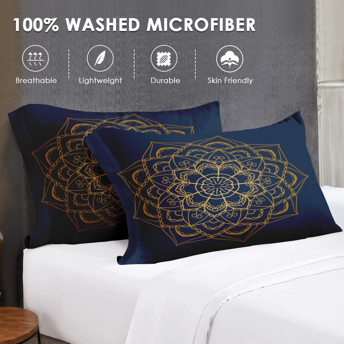 WeCozy Queen Size Comforter Set with 2 Pillowcases, Navy Blue Boho Gold Mandala Soft 3 Pcs Bedding for Kids and Adults Bedroom Bed Decor
