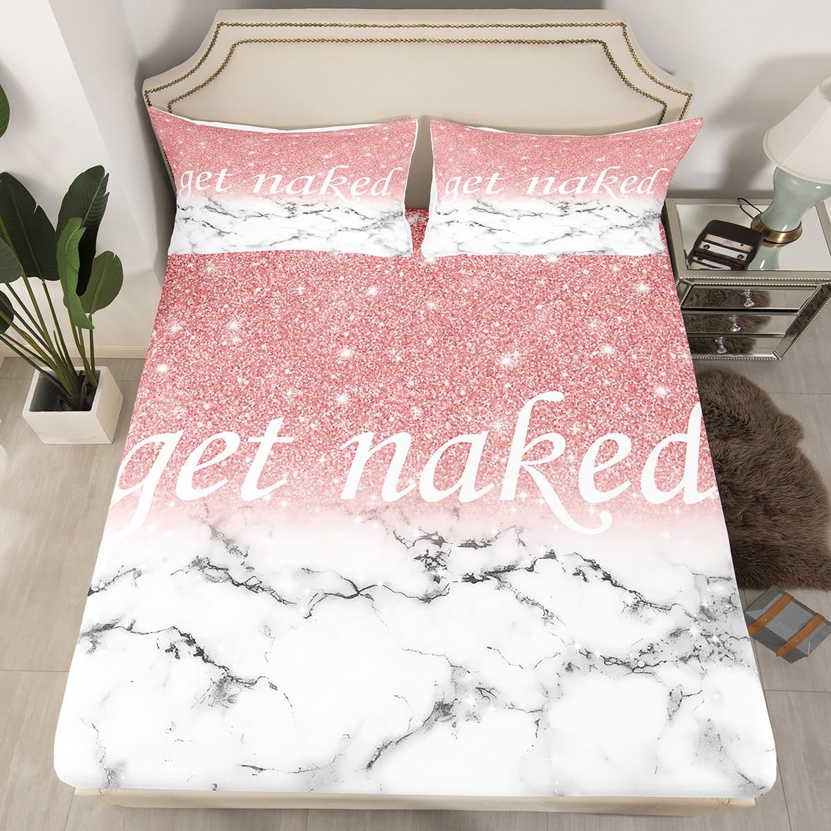 Feelyou Get Naked Bed Sheet Set Full Size Marble Ombre Kids Fitted Sheet for Boys Girls Women Girly Pink Gradient Glitter Bedding Set Funny Quotes Bedding Sheets Pink Grey White Room Decor