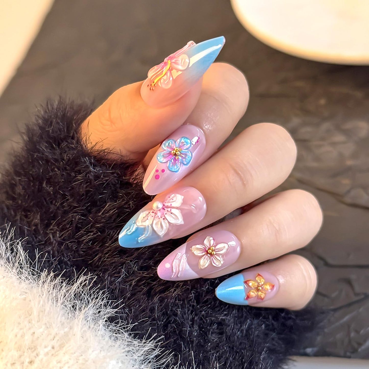 24Pcs Spring Flower Press on Nails Medium Blue French Tip Fake Nails with 3D Floral & Pearl Cute Flower Acrylic Nails Gradient French False Nail Almond-Shaped Full Cover Stick on Nails for Women