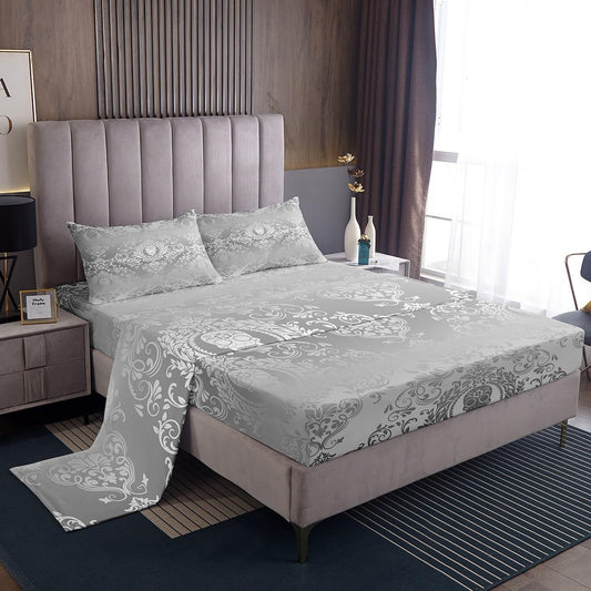 Feelyou Adults Silver Vintage Damask Floral Sheet Set Oriental Antique Sheets with Deep Pocket Fitted Sheet Full Size Gothic Bohemia Boho Bed Sheets Set Exotic Sugar Skull Bedding Set Bed Set 4Pcs