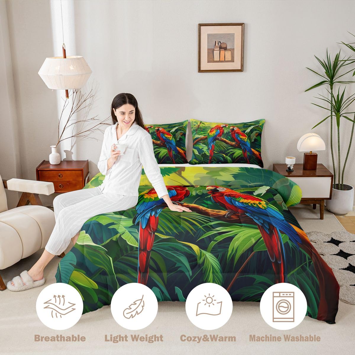 Manfei Parrots Comforter Set 2Pcs Tropical Palm Leaves Twin Size Bedding Set Natural Wildlife Duvet Insert for Kids Boys Girls Adult Room Decor(1 Comforter,1 Pillowcase) Jungle Wild Animals