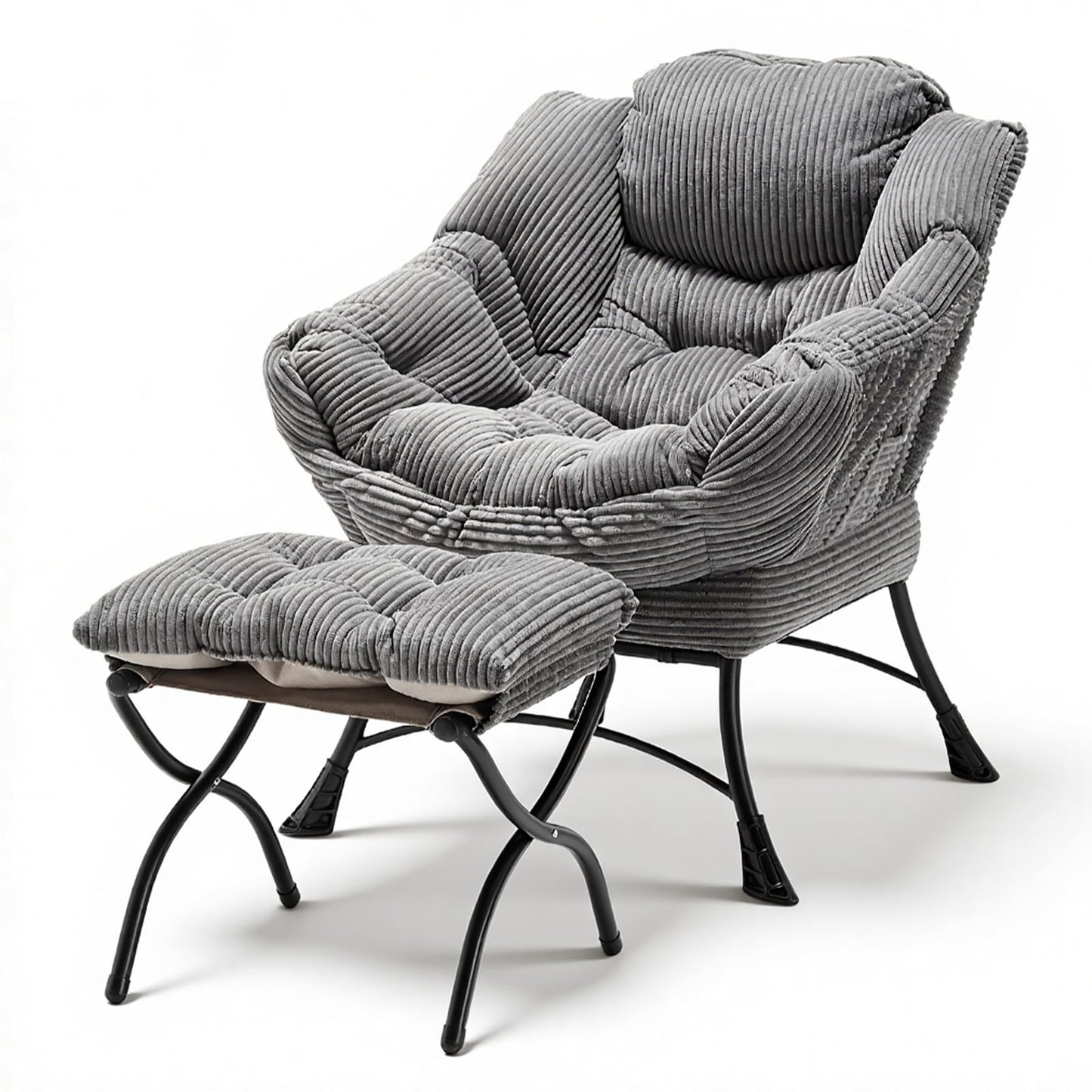 XUOXFUTZIG Lazy Chair with Ottoman, Oversized Comfy Accent Chair, 400LBS Heavy Duty Metal Frame, Thick Cushion Corduroy Lounge Chair for Living Room Bedroom Reading, Dark Gray