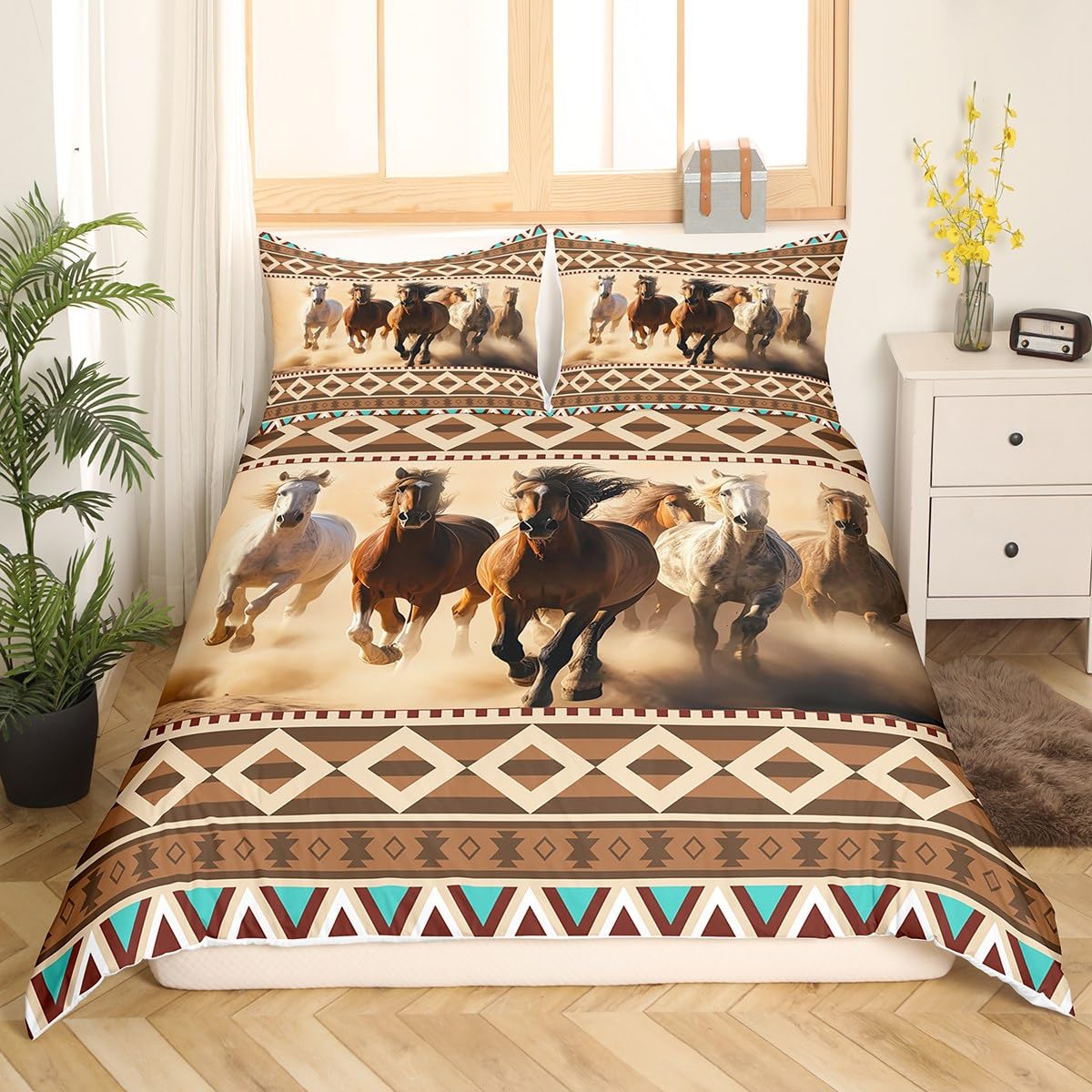 Manfei Galloping Horse Duvet Cover Set Queen Size, Wild Animal Theme Comforter Cover with 2 Pillowcases, Western Cowboy Bedding Set 3pcs for Kids Boys Girls Boho Exotic Bedspread Cover,No Comforter