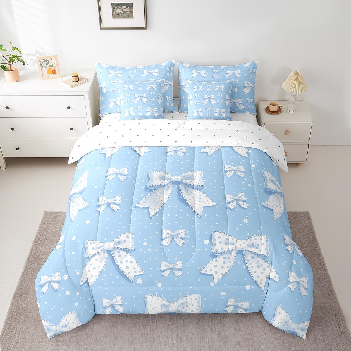 Erosebridal Cute Bowknot Bedding Set Twin Size 7 Piece Bed in a Bag, Simple Polka Dots Bed Set, Cartoon Bows Printed Kids Adults Room Decor Bedding Bed Sets, Blue White Kawaii Bed Sheets Set